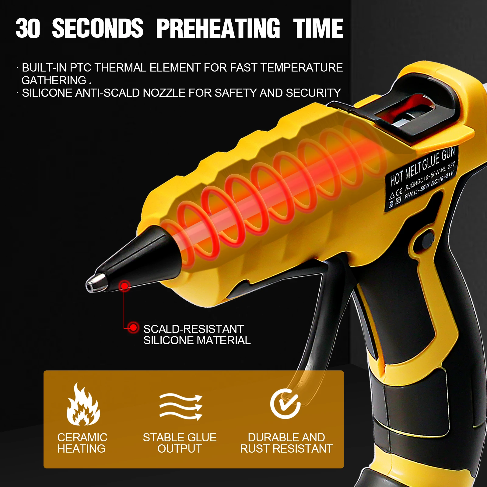 Cordless Hot Melt Glue Gun Heat Temperature Electric Repair Tool with 30Pcs 7mm Glue Sticks for Dewalt 20V Battery (No Battery)