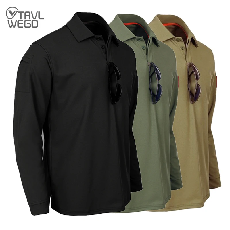 Men's Quick Dry Long Sleeve Shirt Tactical Elastic Plain Turn-down T-Shirt Breathable Hiking Clothes Summer Pullover
