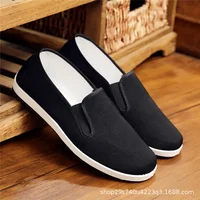 Beijing Men's Flat Bottom Slip-On Work Shoes Black Cotton Fabric Breathable Casual Shoes round Toe Non-Leather Footwear