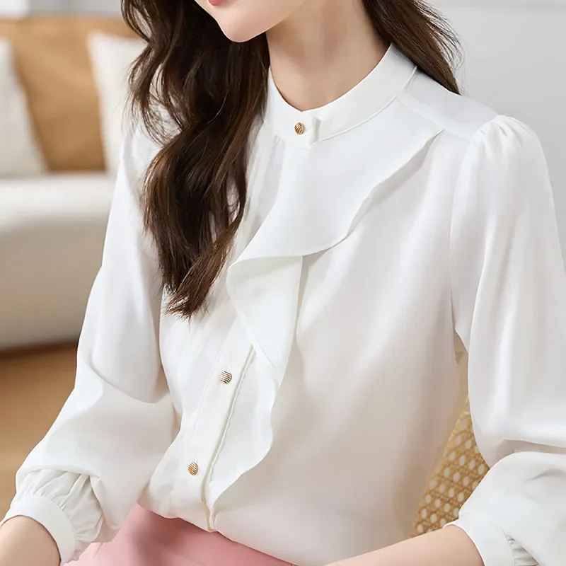 

New Fashion Chiffon Blouse Women Ruffles French Long Sleeve Women's Shirts Button Up Elegant Female Clothing Office Tops 29463