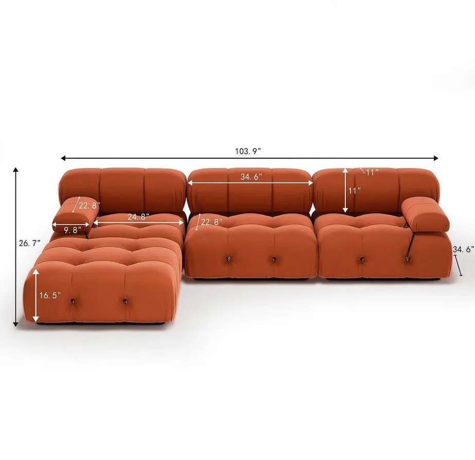 Modern Velvet Upholstered Modular Sectional Sofa with Ottoman - Beige/Orange
