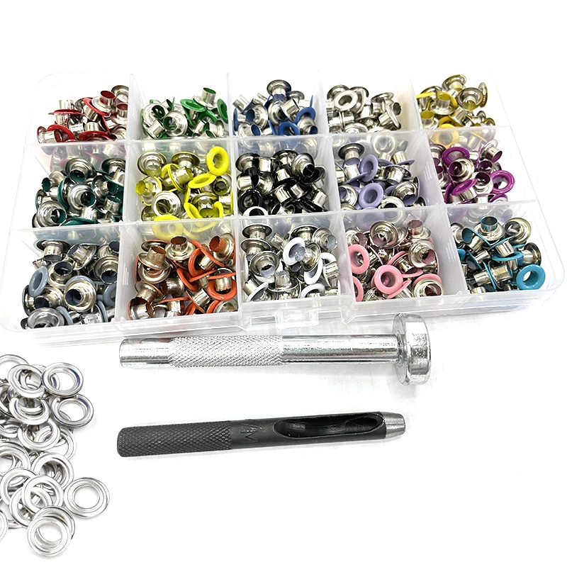

15 Colors 5mm Eyelets Multicolor Spray Gas Rivets 450 Sets Buttonholes Shoelaces Metal Hole Buckle Eyelet Hand Press Tools
