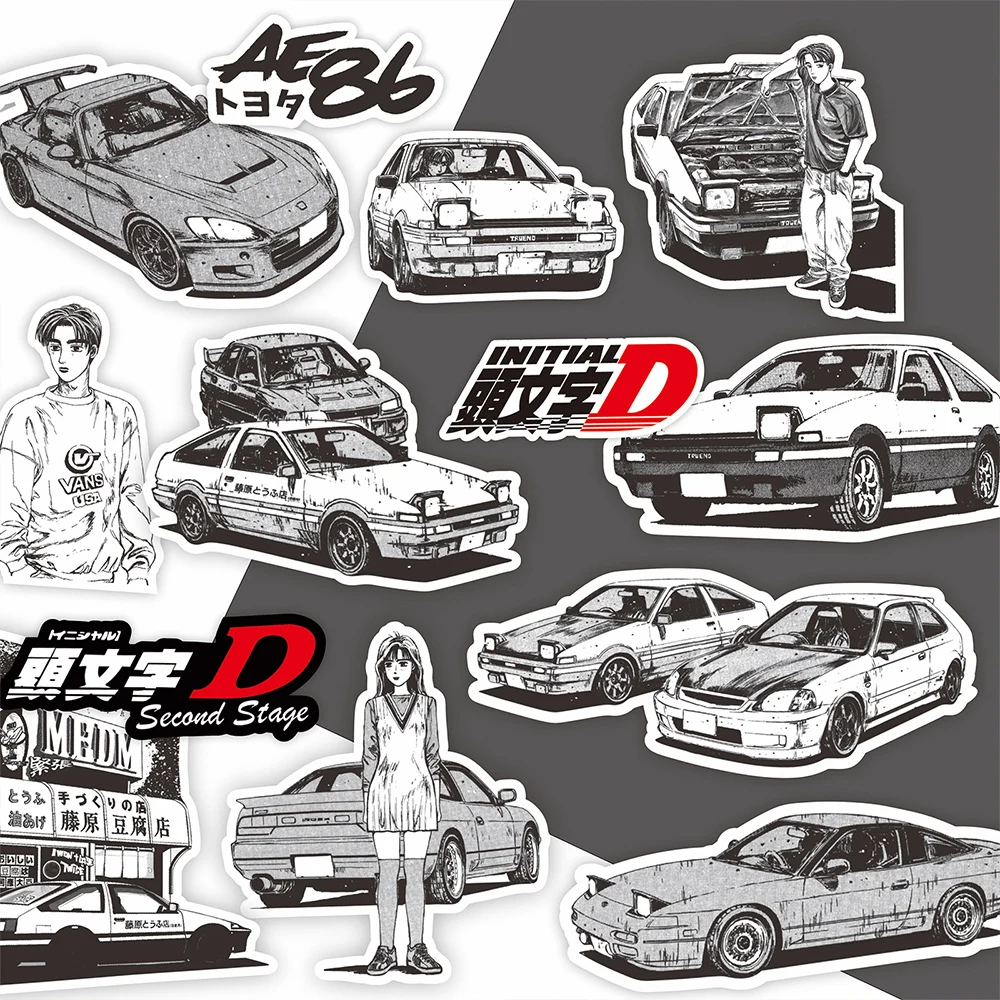 10/30/75PCS Anime Black White Initial D Stickers Graffiti Funny Kids DIY Decals Gift Toy for Wall Notebook Bike Cartoon Sticker 3