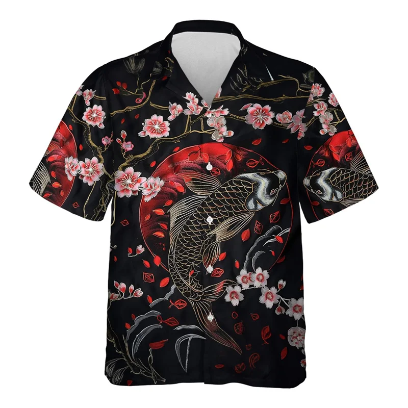 thumbnail image 1 of Camisa hawaiana con estampado 3D de peces koi para hombre, blusas con estampado de animales de buena suerte, camisas hawaianas de verano para la calle, blusas con solapa y mangas cortas, 1 of 5