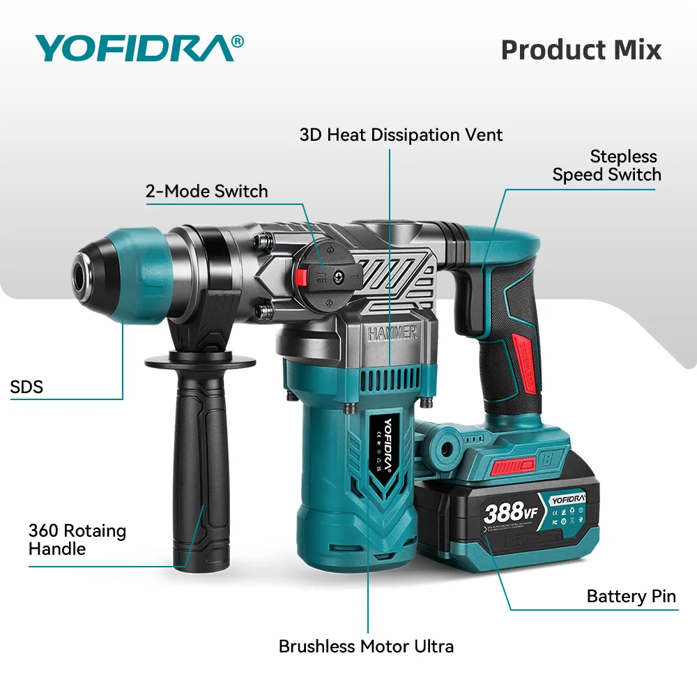 YOFIDRA 2200W 26MM Bürstenloser Elektrohammer Schlagbohrmaschine Multifunktions-Schraubendreher Rotationswerkzeug für Makita-Akku – Detail 4
