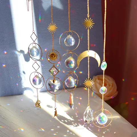 Crystal Hanging Wind Chime Sun Moon Heart Ball Catcher Outdoor Garden Home Balcony Pendant Rainbow Maker Decor Gift