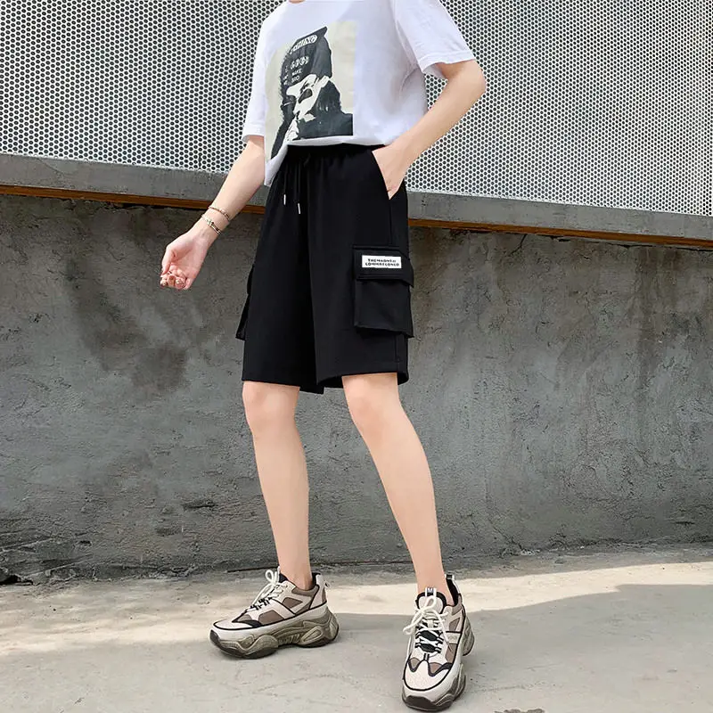 Fashion Printed Letter Spliced Pockets Cargo Casual Shorts Female Clothing 2024 Summer Loose All-match Elastic High Waist Shorts