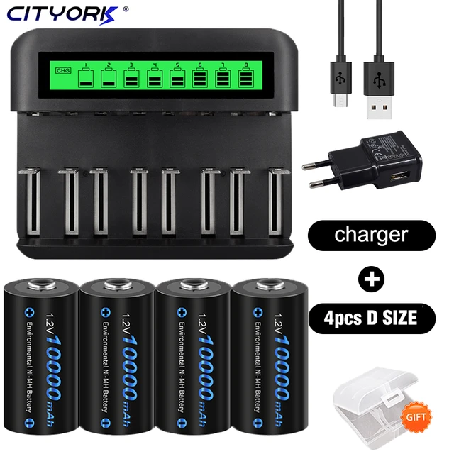 10000mAh D Size R20 Rechargeable Battery 1.2V NI-MH Rechargeable Type D  Batteries + 8 Slot AA AAA C D Size 9V Battery Charger