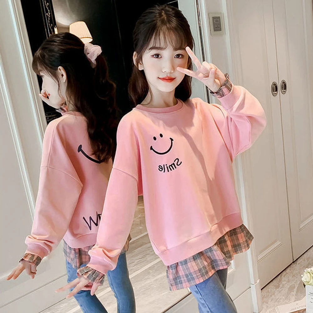 

New Autumn Girls Long T-shirt Dresses Baby Bottom Casual Teenager Kids Princess plaid fake two piece Smile 7 8 9 10 11 12 Years