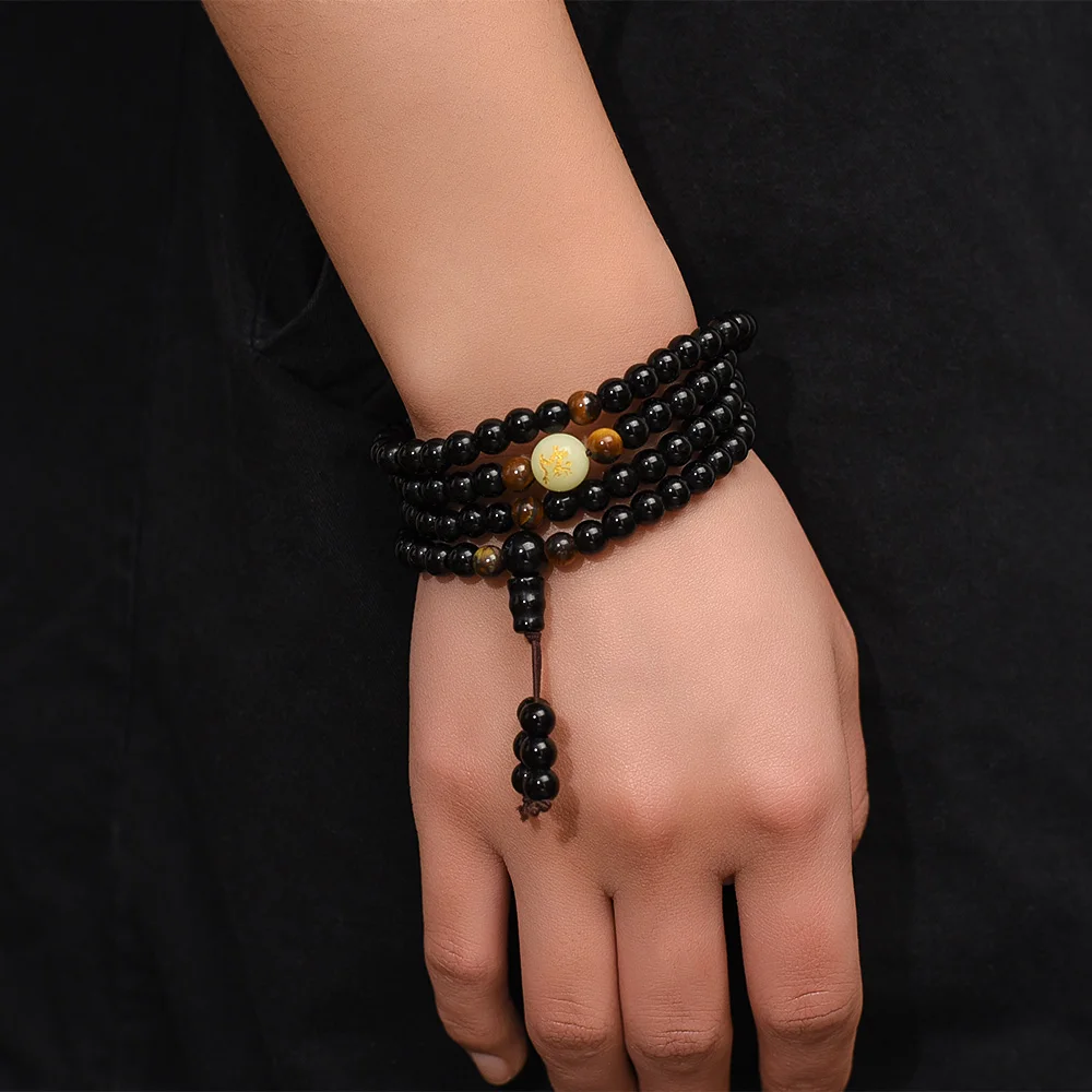 108 Prayer Beads Tiger Eye Stone Obsidian Bracelet Necklace Crystal Strand Mala Rosary Buddhist Buddha Lucky Amulet Jewelry 5