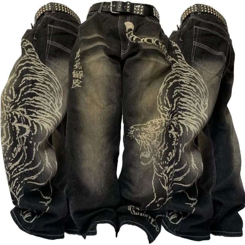 Y2K Gothic Jeans Men Women Streetwear Sun Totem Patchwork Wide Leg Pants High Street Rhinestone Baggy Denim Trousers 2