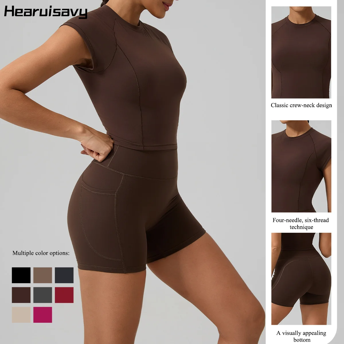 Hearuisavy Sports Set 2Pcs Women High Impact Short Sleeve Sports T-Shirt Breathable Tight Shorts With Pockets Gym Fitness Pants