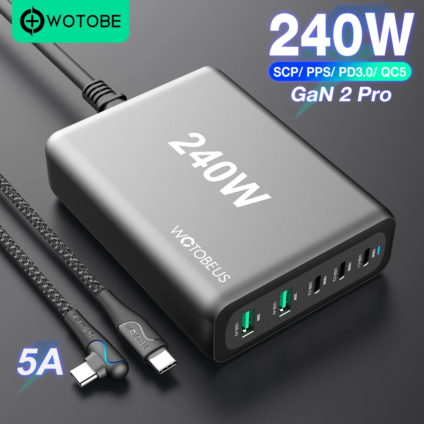 WOTOBE 240W GaN 2 Pro USB C Power Adapter,5 Port PD100W PPS 65W 45W QC5