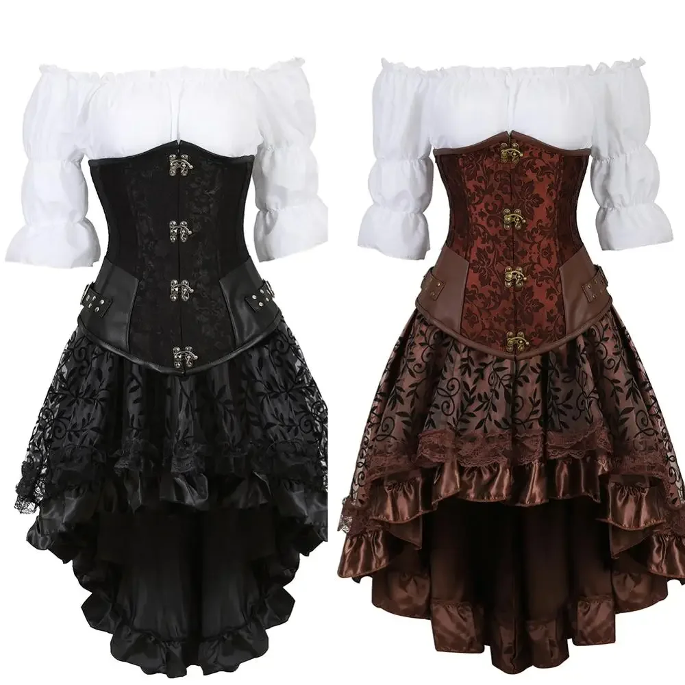 

Leather Corset Plus Size 3 Piece Outfits for Women Steampunk Steel Boned Bustier Underbust Skirt Blouse Set Pirate Rave Costume