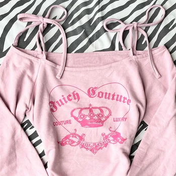 Pink cartoon letter printed long-sleeved shirt slim fashionable aesthetic Harajuku cool girl Autumn and Winter Y2K Streetwear 1