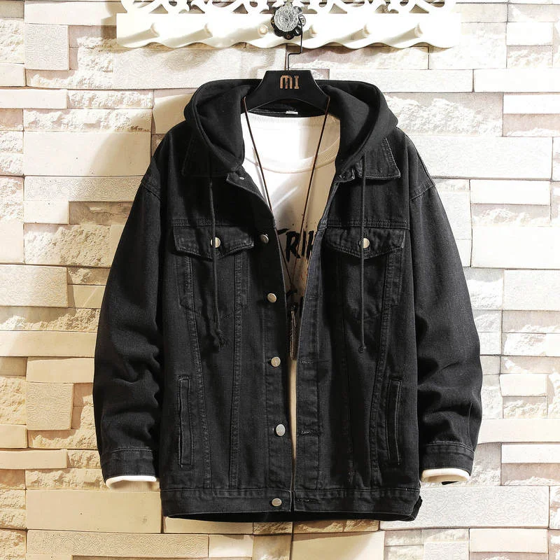 Denim Jacket Men Hooded Casual Men Jean Jackets Streetwear Solid Color Turn Down Collar Denim Coats Men Jacktes Hat Detachable 4
