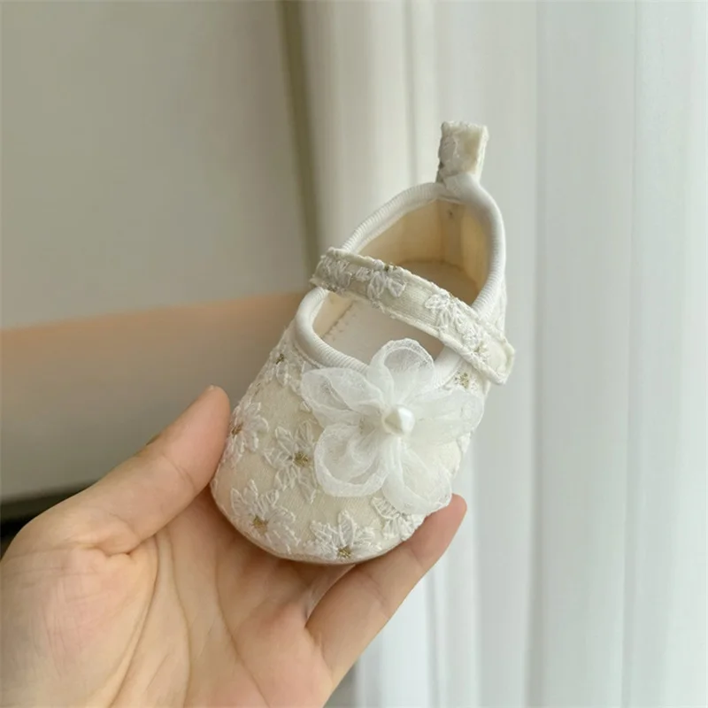 VISgogo Baby Girl Pearls Flowers Flats Non-slip Soft Soles Cute Mary Jane Shoes Casual Walking Shoes for Newborn Toddler