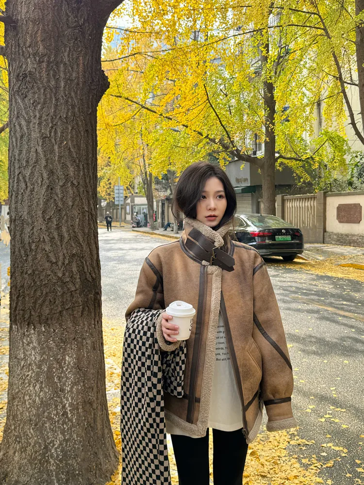 

Lamb Wool Coat Women's Winter Fur Motorcycle Clothing Cotton-Padded Men's and Same Style