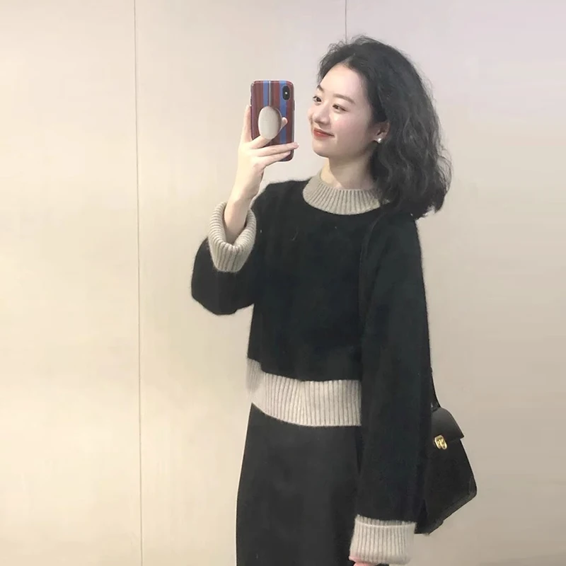 

Black Clashing Crew Neck Knit Sweaters Women Inner Petite Short Bottom Shirt Pullovers Knitwear Streetwear Patchwork Jumpers