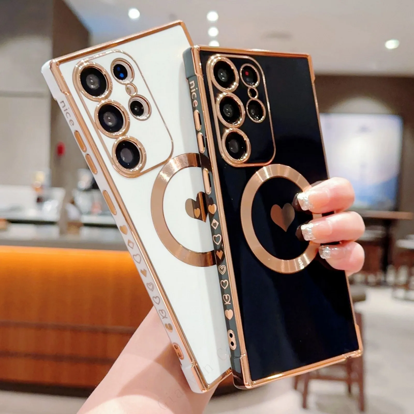 Funda con corazón bonito de Corea para Samsung galaxy S21 S22 S23 + Plus Ultra S20 FE, carcasa chapada para carga magnética Magsafe_voghion.com
