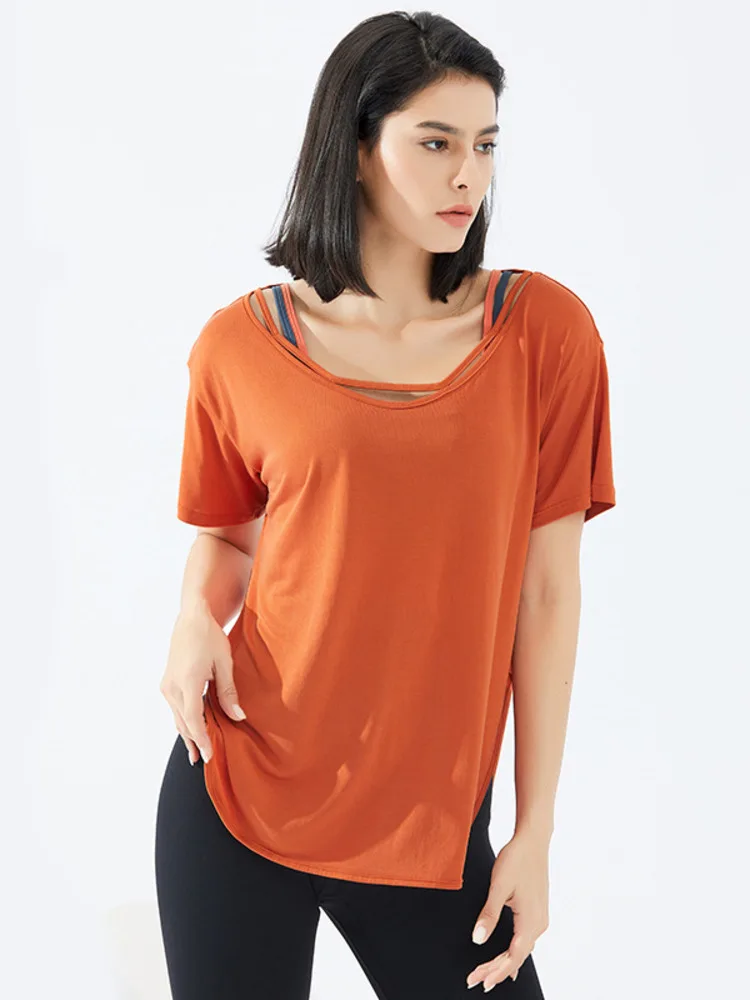 

Short Sleeves Loose Modern Dance Pole Yoga Tops Belly Performance Costume Classical Wear Solid Color Street Running T-shirt