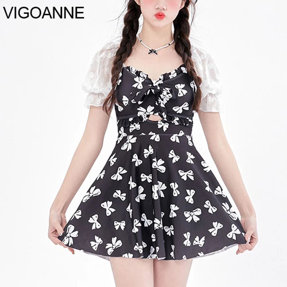 

VigoAnne Print Short Sleeve Dress Swimwear Women 2023 Verge Push UP Hollow One Piece Swimsuit Korean Monokini Beach Bathing Suit