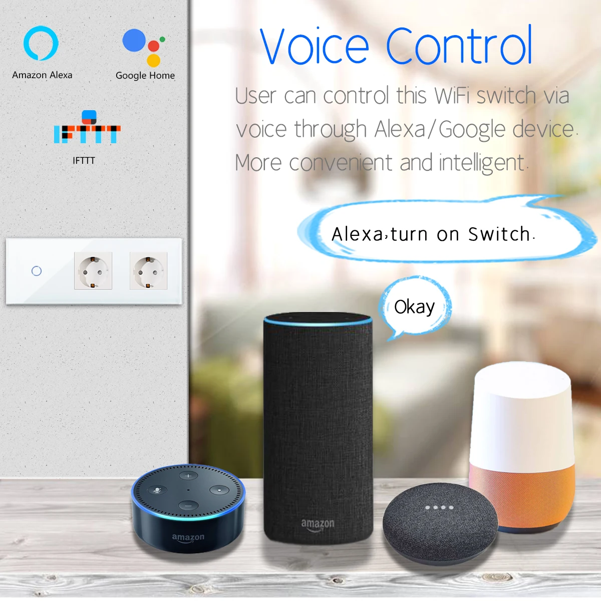 Description Picture 6 of itemWiFi Tuya Smart Touch Switch with Wall Electrical Socket EU Standard Zero Fire Line Voice Control Alice Smart Life Tuya App