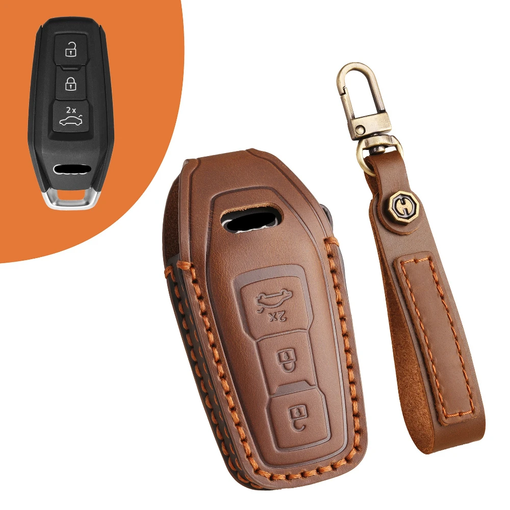 Premium Full Grain Leather Key Fob Cover with Detachable Strap and Anti-Scratch Protection