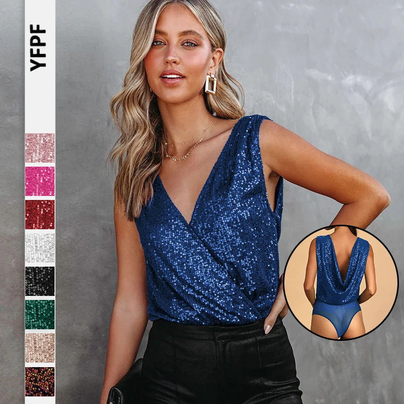 Elegant Women Sexy Bodysuit Blackless Romper Night Party Sequins Sleeveless Top Rhinestones Erotica Nightclub Body Jumpsuit
