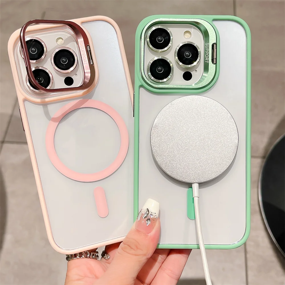Premium Magnetic Stand Glass Lens Protection Phone Case with Magsafe Compatibility and Shockproof Design