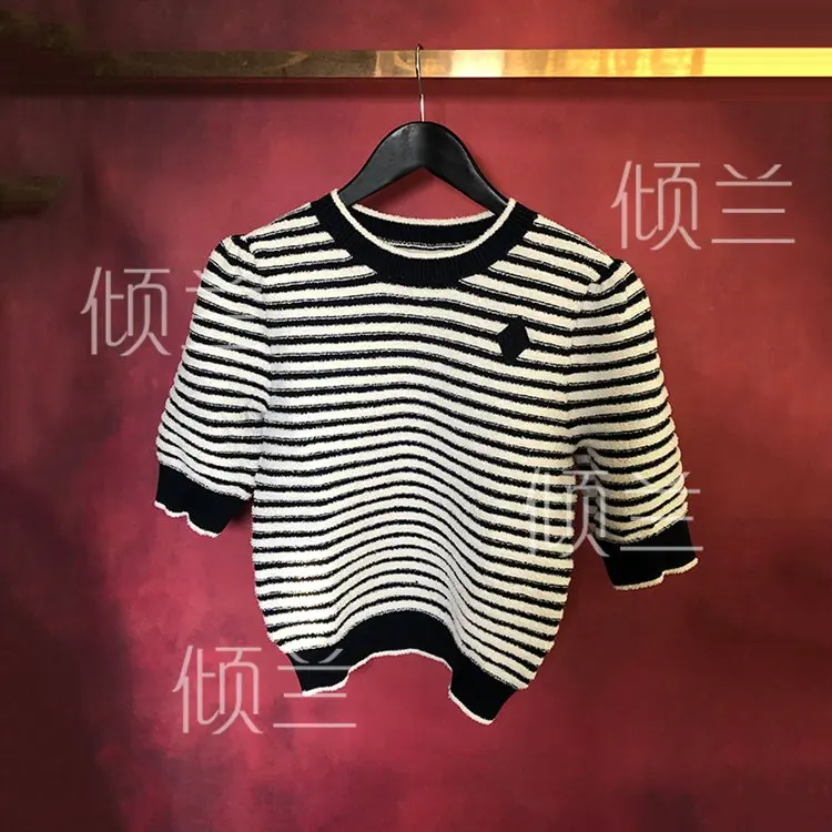 

PATADS French M Family Knitwear Academy Navy Stripe Embroidery Short Top Women 0404
