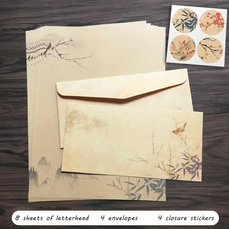 Classic Vintage Stationery Set 16 pcs 8 Papers 4 Envelopes 4 Stickers kraft paper envelopes,mailing envelopes