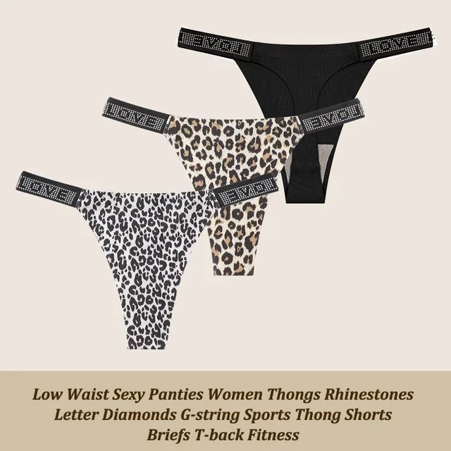 3Pcs/Set Low Waist Sexy Panties Women Thongs Rhinestones Letter Diamonds G-string Sports Thong Shorts Briefs T-back Size XS-XL 6