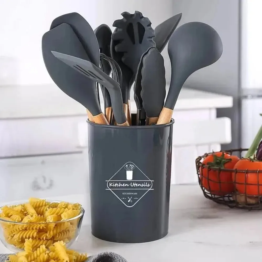 12pcs Silicone Kitchen Utensils Ergonomic Wooden Handles