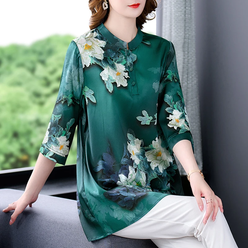 2024 High Quality Green Floral Silk Blouses Summer Fashion