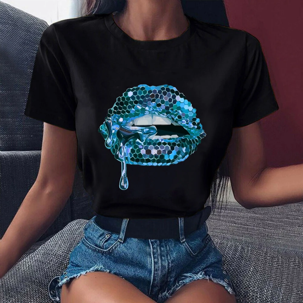 2022 Vendita Calda Maglietta Nera Donna Rosa Glitter Labbra Stampa Grafica Tshirt Femme Trucco Lussuoso T-Shirt Sexy Haut Femme All'Ingrosso