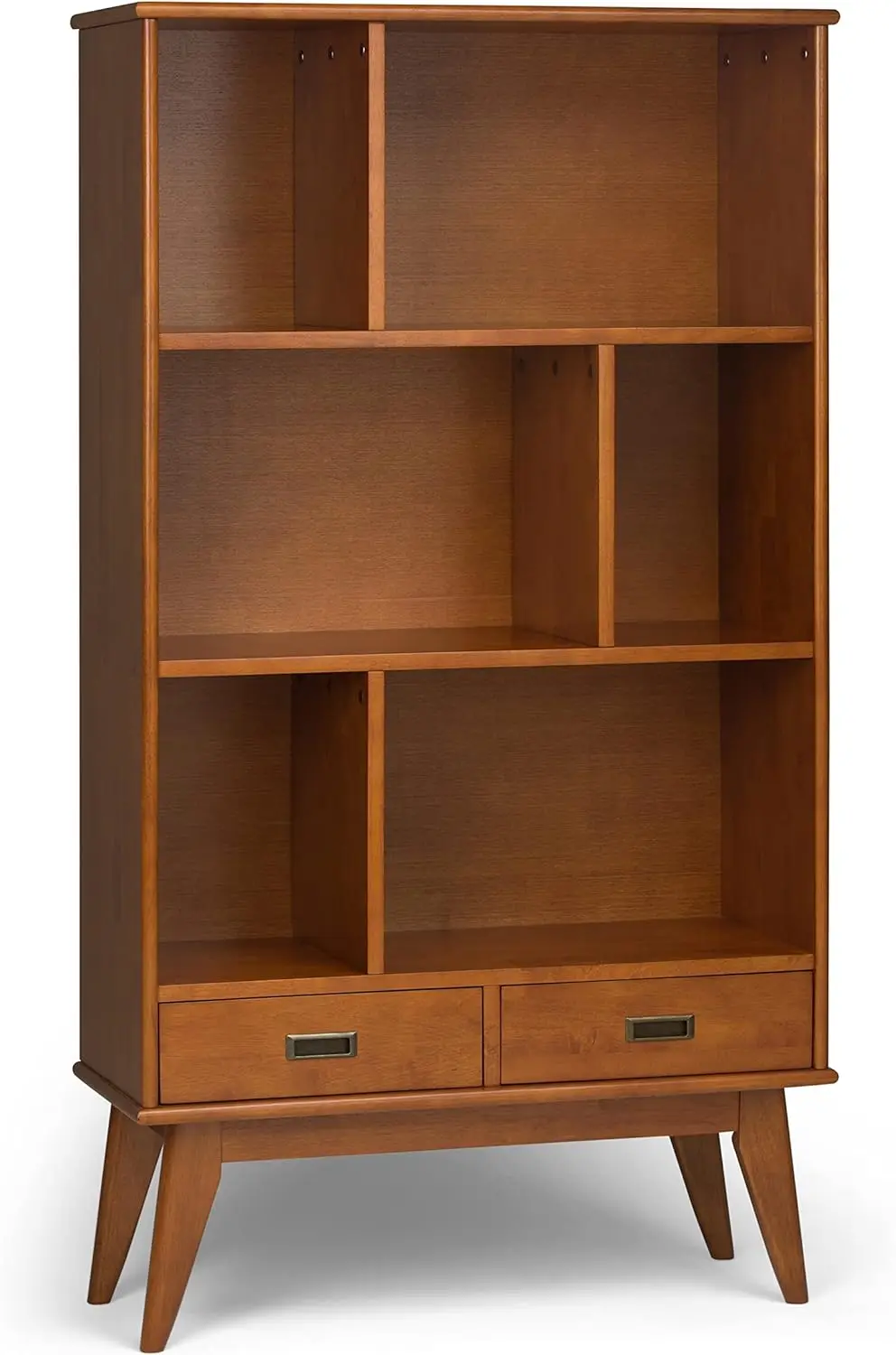 

SIMPLIHOME Draper SOLID HARDWOOD 35 Inch Mid Century Modern Wide Bookcase and Storage Unit in Teak Brown