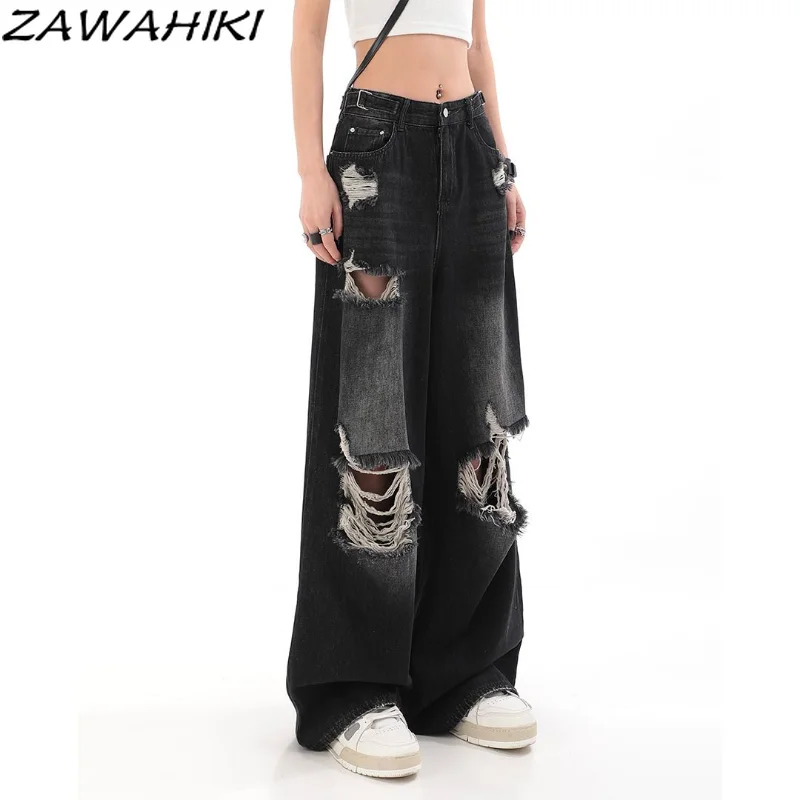 

American High Street Black Hole Jeans Women Summer New Fashion Loose Solid Color Wide Leg High Waist Streetwear Denim Pants