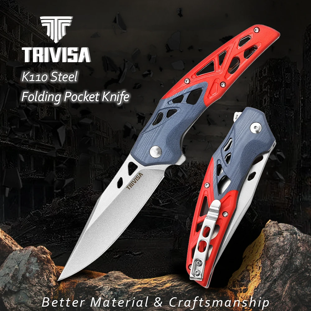 trivisa-good-folding-flipper-knife-with-clip，edc-pocket-knife-for-men-374-k110-steel-bladeg10-hanlde，outdoor-camping-tool