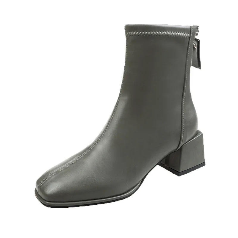 Brand Square Toe Short Boots Women's 2022 Autumn and Winter New Plus Velvet Square Heel  Boots Rear Zipper Thin Boots Women