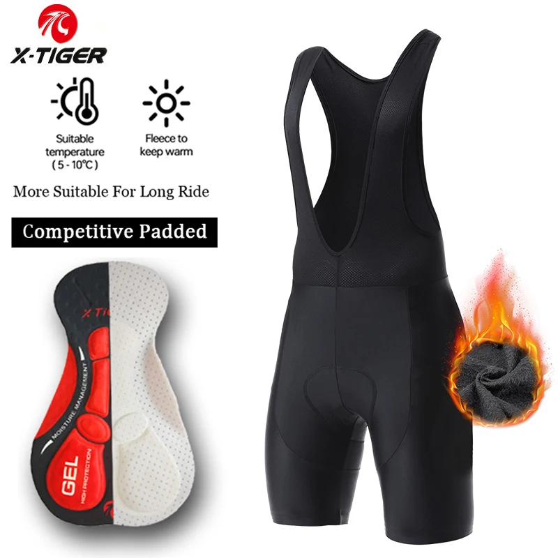 X-TIGER Winter Thermal Cycling Bib Shorts Men Fleece-Lined 5D Gel Pad 6 Hour 5-15℃ Long Distance Winter Biking Training