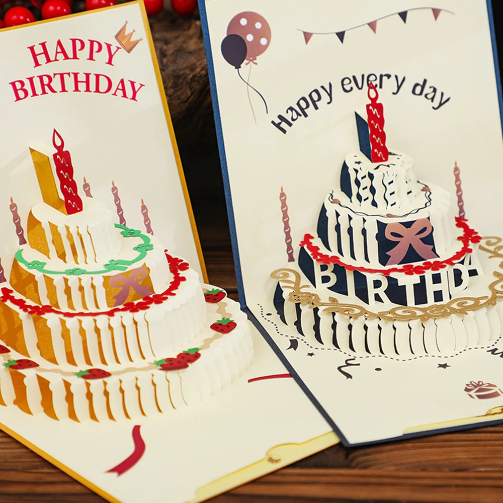 Ins 3D Pop-up Birthday Cake Shape Greeting Cards Birthday Christmas Card Postcard Party Wedding Decor Creative Gifts Cards