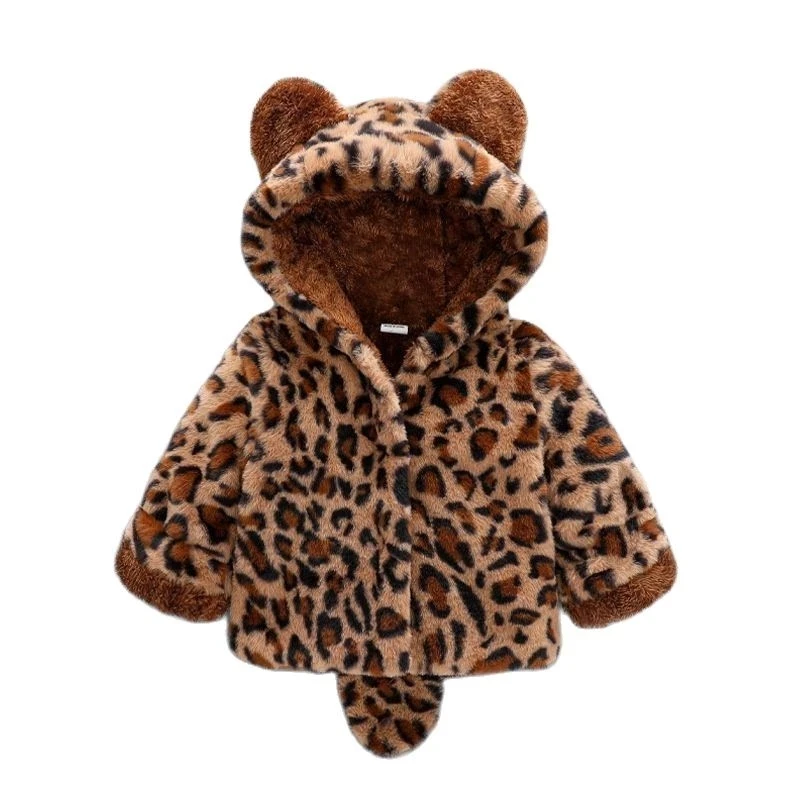 

1 2 3 4 Years Plush Baby Jacket Leopard Print Christmas Princess Girls Coat Autumn And Winter Warm Hooded Outerwear Kids Clothes