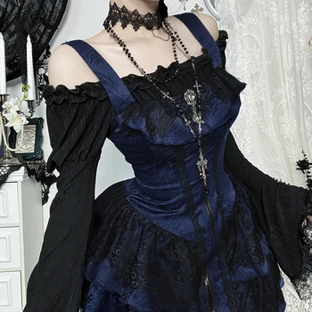 Goth Jacquard Lace Trim Square Collar Zipper Corset Strap Short Dress New Fashion Lolita Slim Mini Dresses for Women Autumn 1
