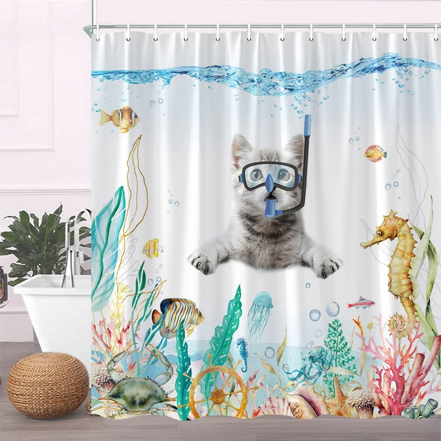 Ocean Animals Shower Curtains Set Cat Diving Octopus Seahorse Turtle  Bathroom Decor Fabric Curtains Polyester Bath Curtain Hooks - AliExpress