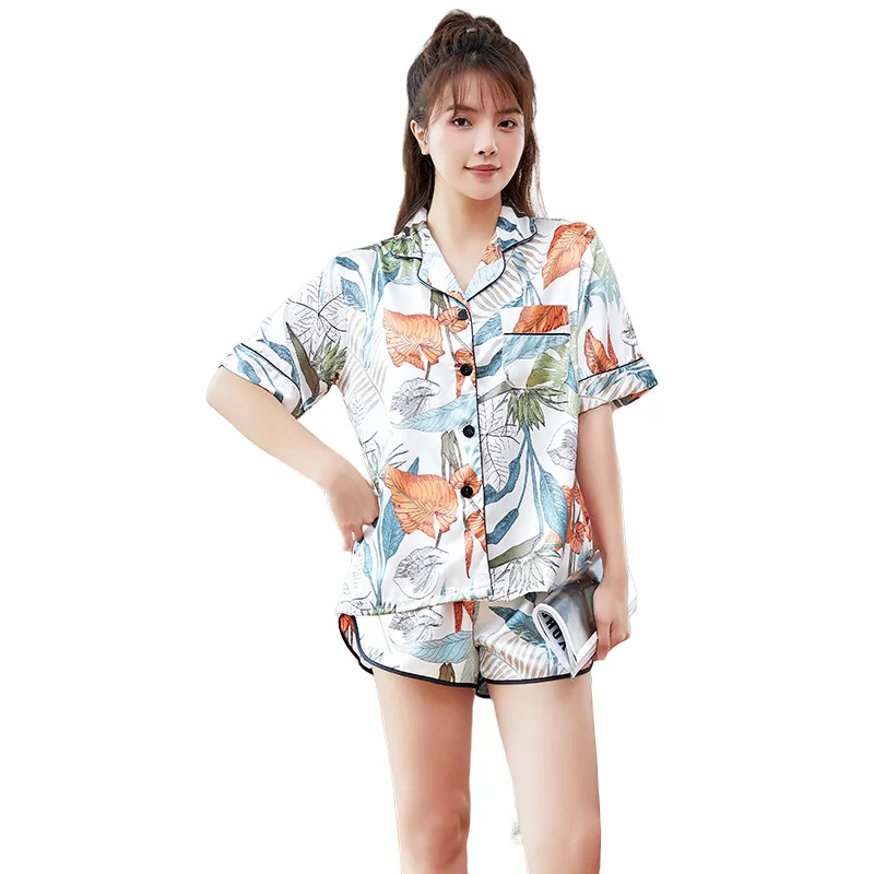 

Women's Pajamas Print Pattern Sleepwear Home Furnishing Three Piece Set of Cardigan Top and Pants Thin Imitation Silk Home Suit