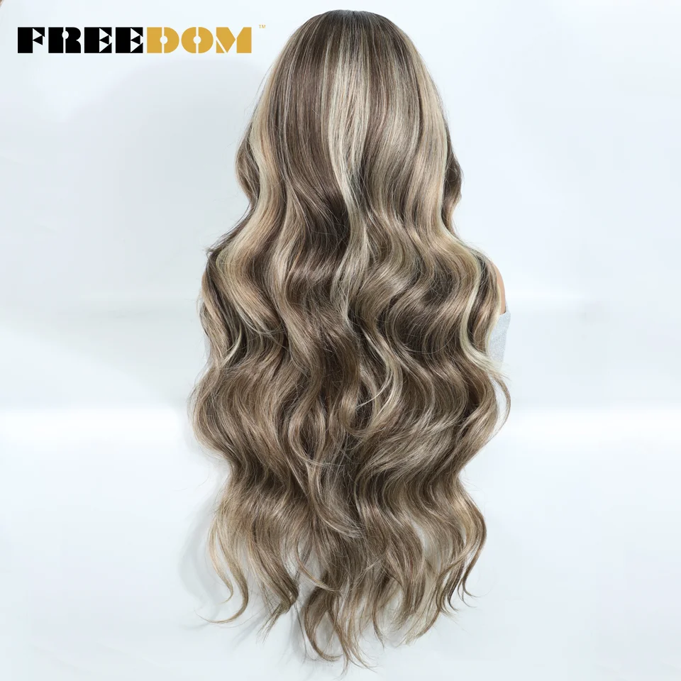 FREEDOM Synthetic Lace Front Wigs For Woman Long Body Wave 6x4 Lace Wig Ombre Brown Pre Plucked Pre Cut Wear and Go Glueless Wig 5