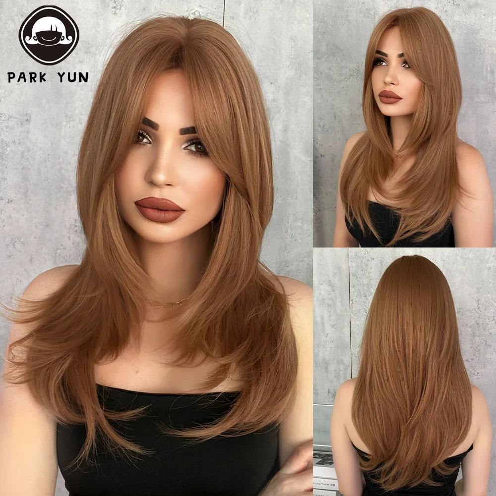 Medium Length Coffee Brown Wigs for Women Natural Hair Wavy Wigs Cosplay Heat Resistant Synthetic Fiber Wigs Daily Use Fake Hair