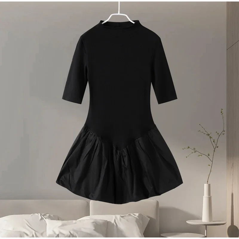 Elegant Knitted Patchwork Brown A-line Dress Women O-neck Short Sleeves Pleated Ruffles Mini Dresses 2025 Lady Solid Vestidos