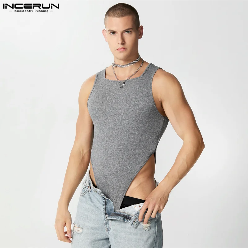 

2023 Men Bodysuits Solid O-neck Sleeveless Knitted Male Rompers Streetwear Sexy Fitness Fashion Casual Bodysuit S-3XL INCERUN